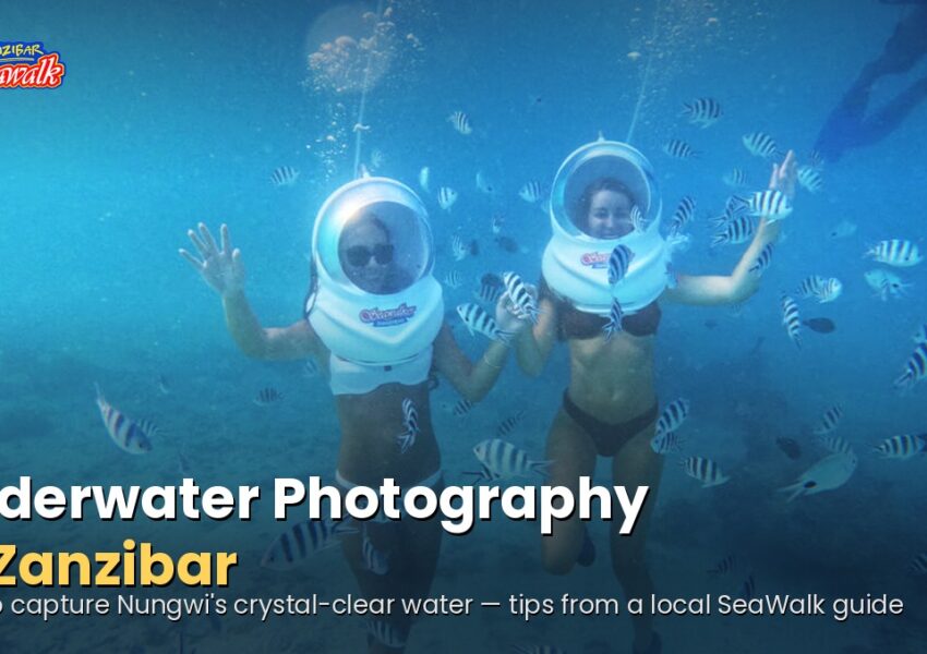 Guest photographed underwater during a SeaWalk tour in Nungwi, Zanzibar, showing clear water and marine life